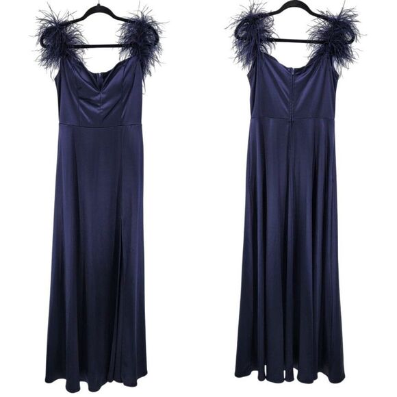 City Vibe Satin Navy Blue Feather-Shoulder Formal Gown Sz 9 Front Slit Prom Gala - Picture 1 of 12